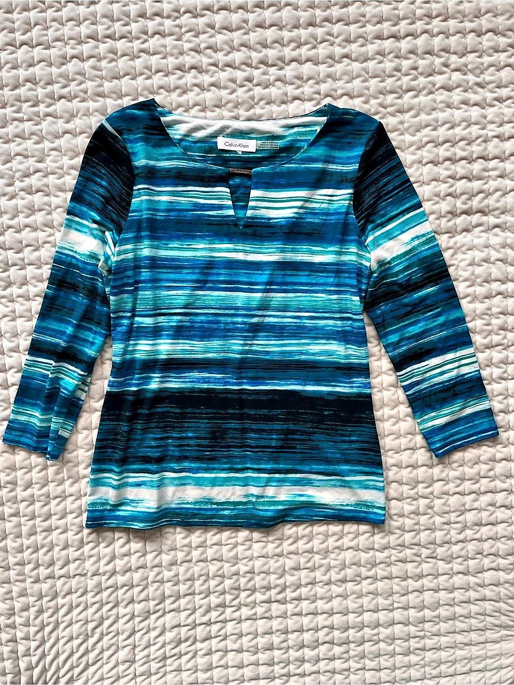 Calvin Klein Striped Long Sleeve Top in Blue & White Like New Size Petite Small